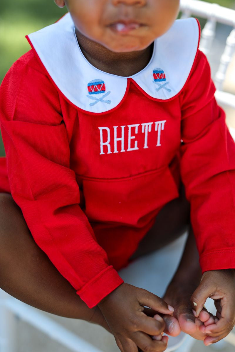 Red Corduroy Embroidered Drummer Boy Bubble