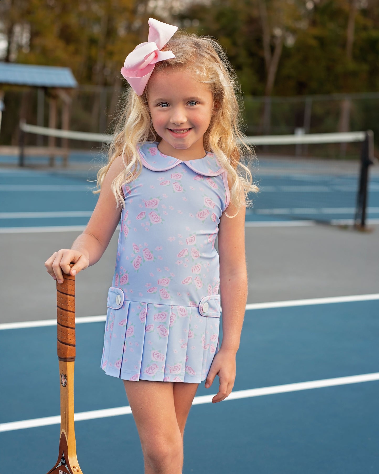 Blue And Pink Rose Print Lycra Tennis Dress