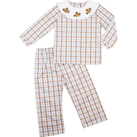 Blue And Brown Check Embroidered Turkey Pant Set