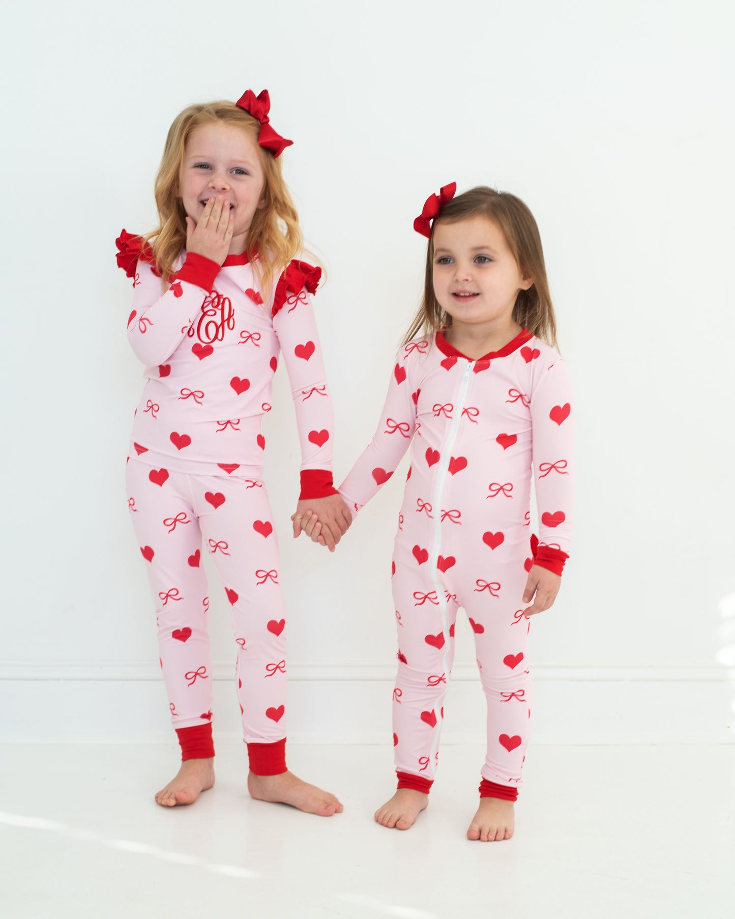 Pink And Red Heart And Bow Knit Zipper Pajamas