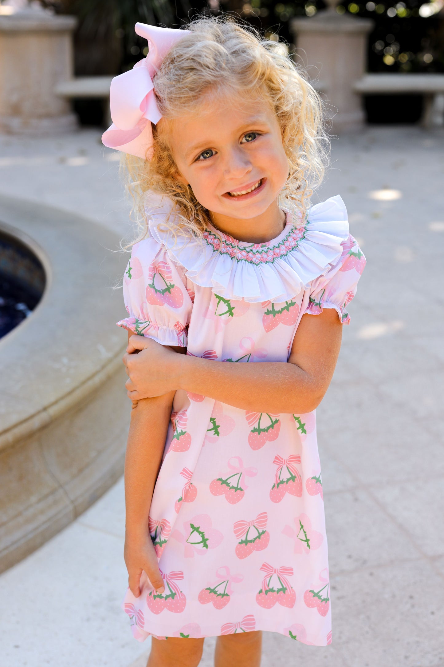 Pink And Green Smocked Strawberry Print Dress