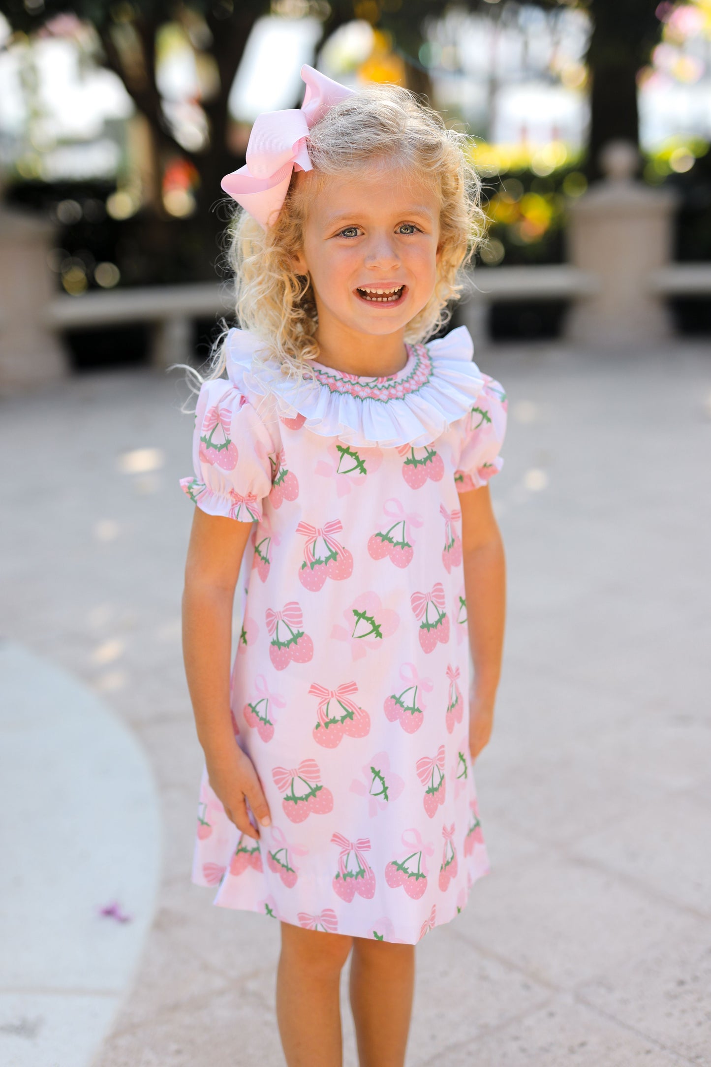 Pink And Green Smocked Strawberry Print Dress