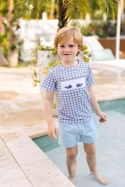 Blue And Navy Windowpane Smocked Whales Short Set