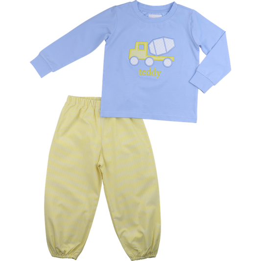 Blue And Yellow Gingham Applique Dump Truck Pant Set