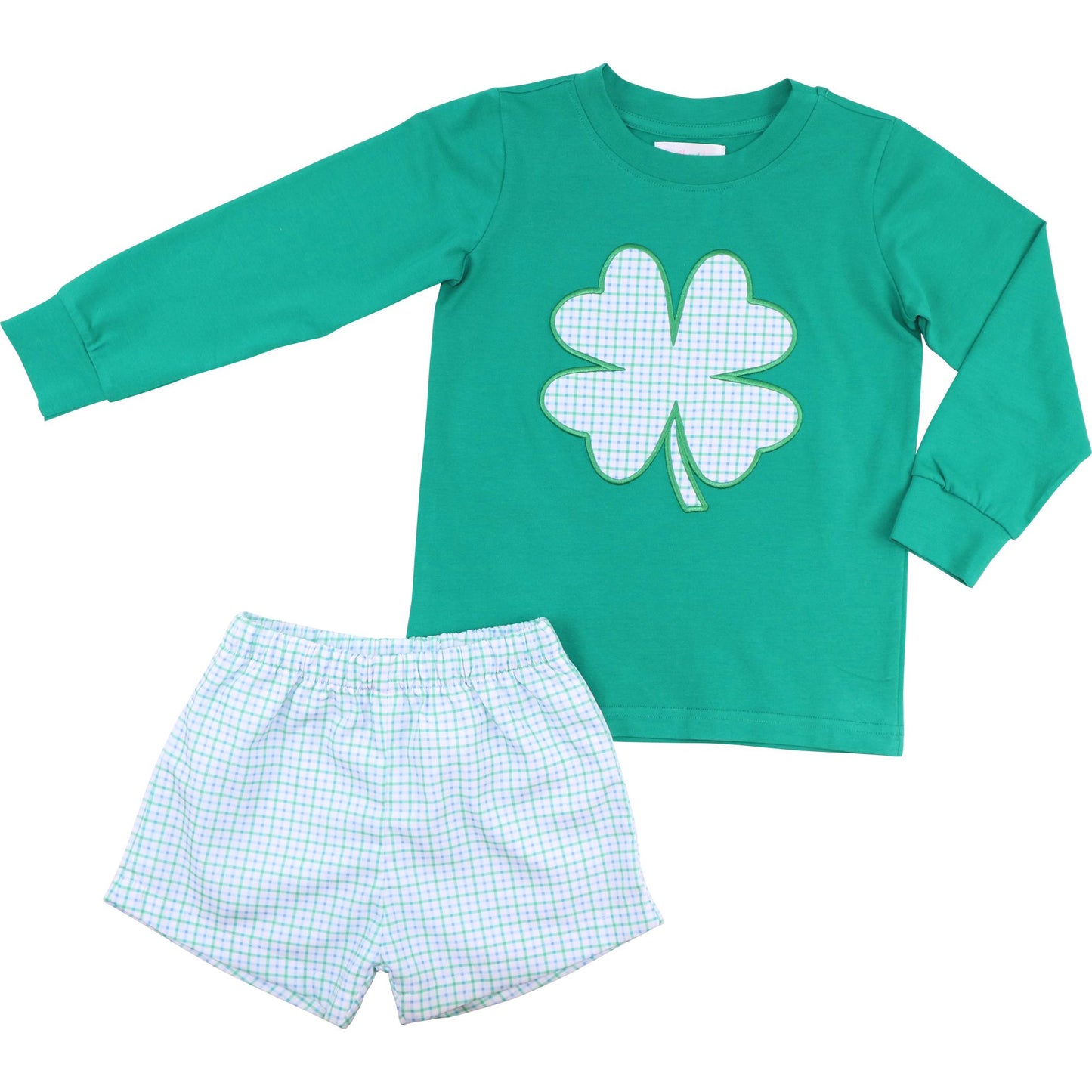 Blue And Green Windowpane Applique Shamrock Short Set