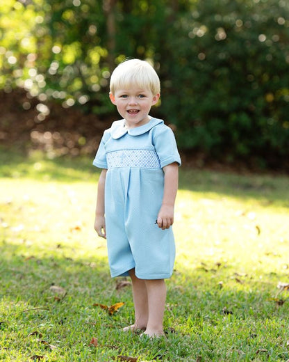 Blue Honeycomb Smocked Cross Short Romper