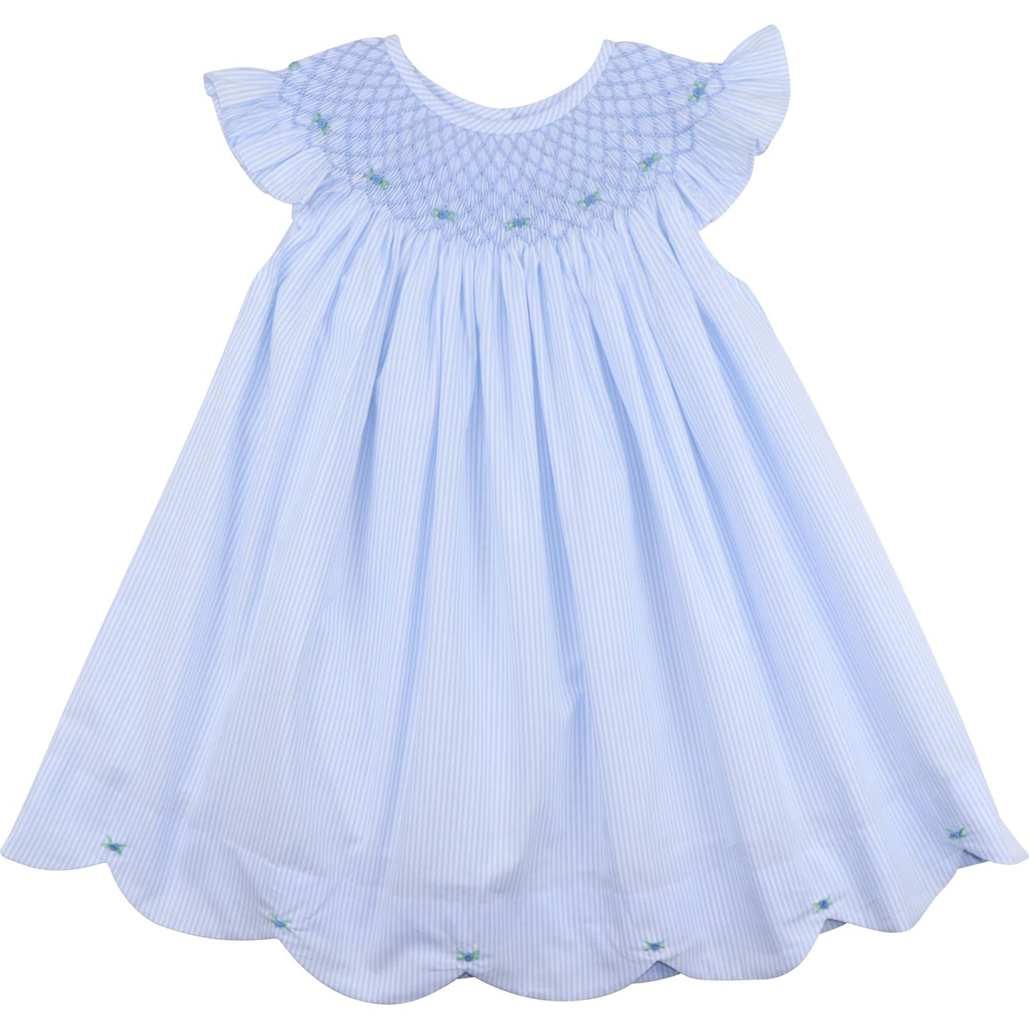 Blue Striped Smocked Rosette Dress