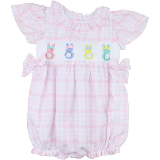 Pink Plaid Smocked Bunnies Bubble