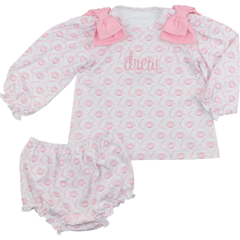 Pink Knit Scalloped Pumpkin Bow Diaper Set