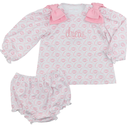 Pink Knit Scalloped Pumpkin Bow Diaper Set