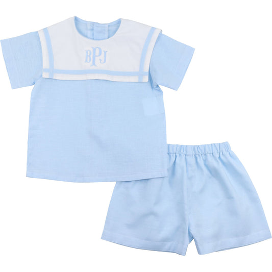 Blue And White Square Collar Short Set