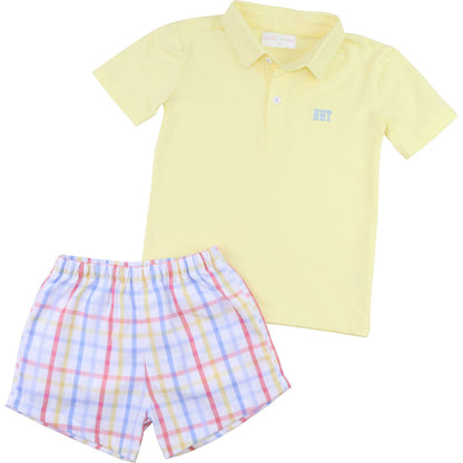 Yellow Pastel Windowpane Polo Short Set