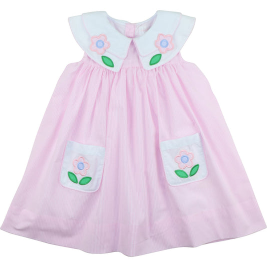 Pink Gingham Applique Flower Pocket Dress