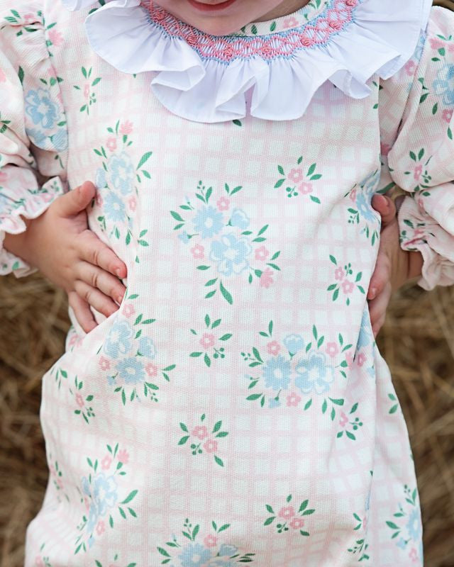 Pink And Blue Smocked Corduroy Floral Long Bubble