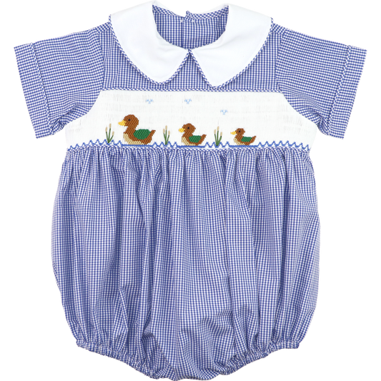 Navy Gingham Smocked Mallards Bubble