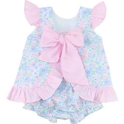 Pink Floral Print Tie Back Bow Diaper Set