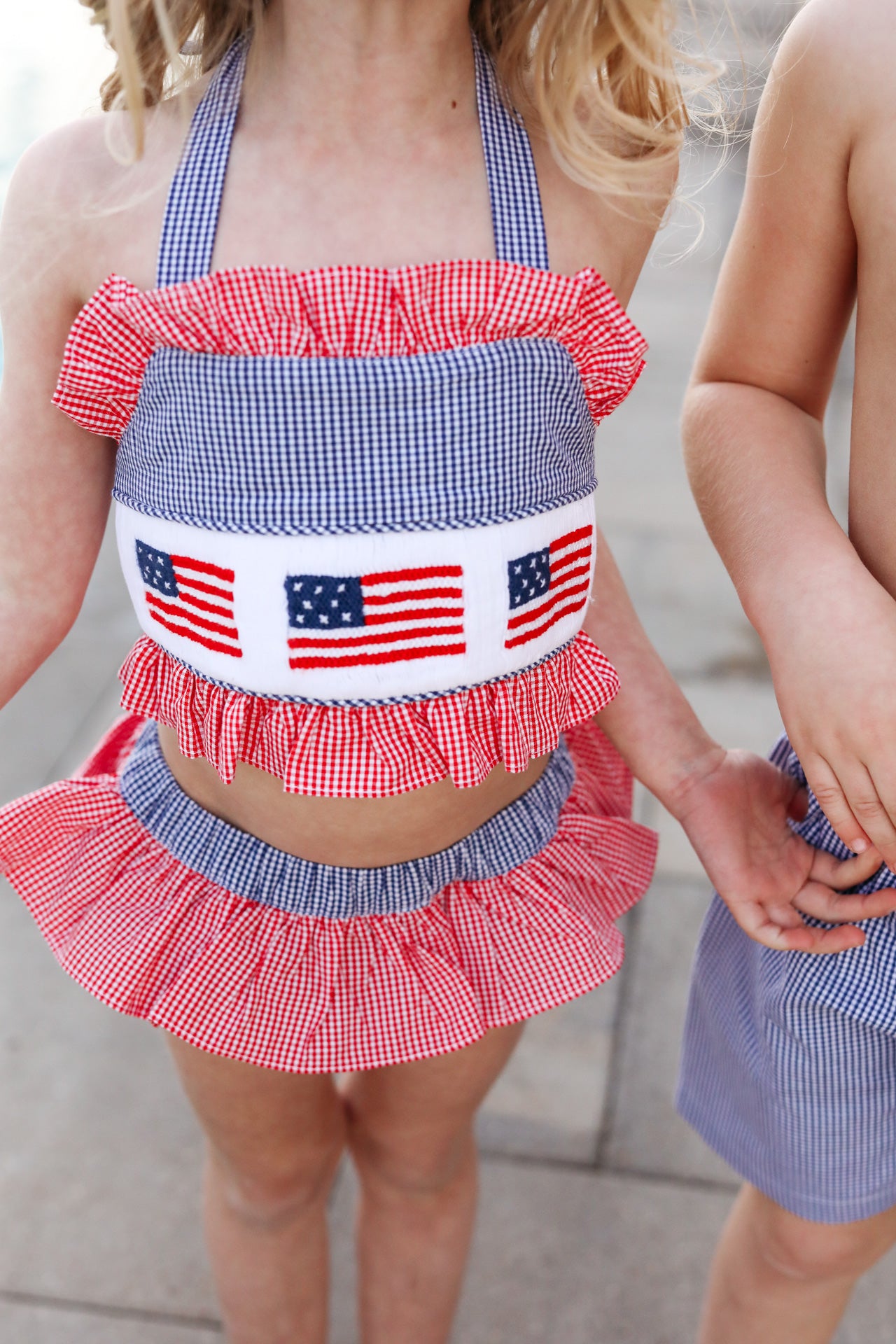 Navy And Red Gingham Smocked Flags Bikini