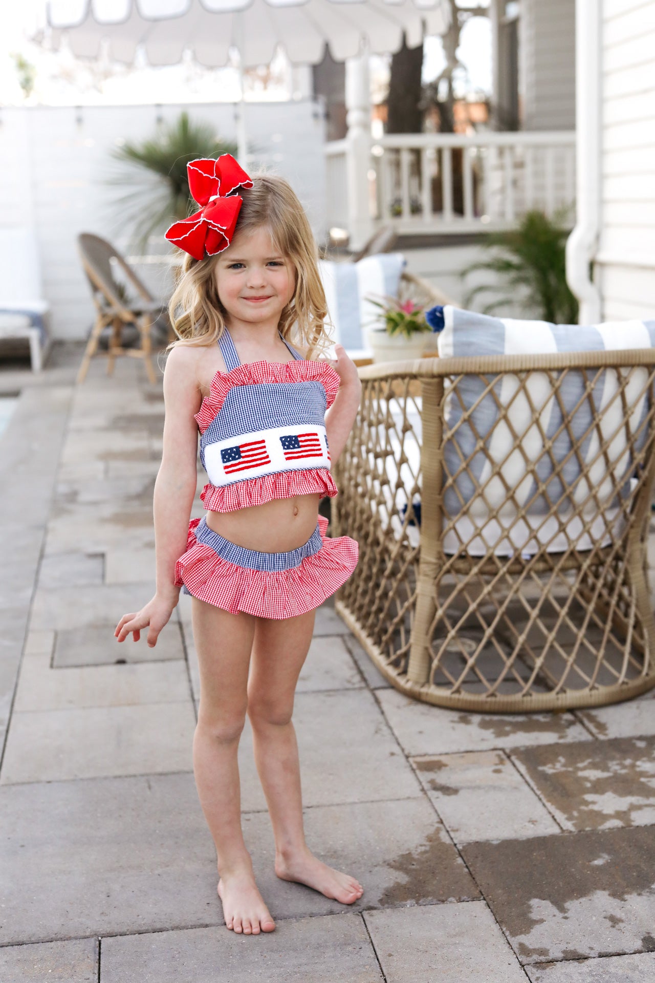 Navy And Red Gingham Smocked Flags Swimsuit