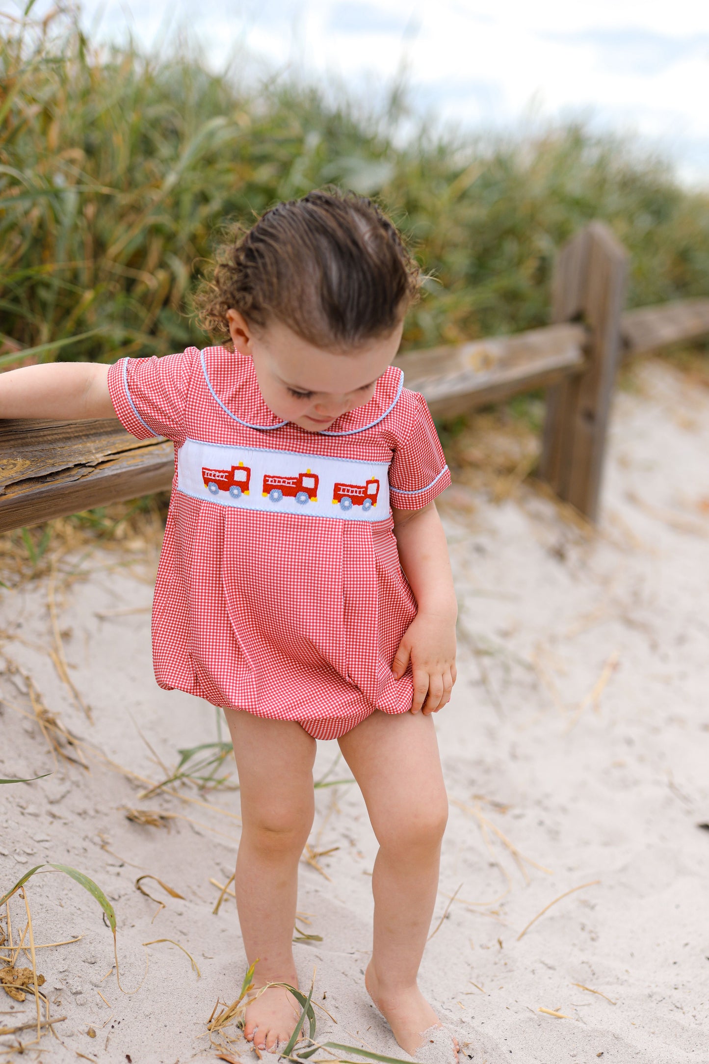 Red Gingham Knit Smocked Firetruck Bubble