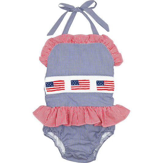 Navy And Red Gingham Smocked Flags Swimsuit