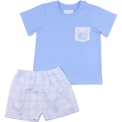 Blue And White Plaid Pocket Short Set