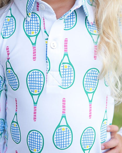 Pink And Blue Racquet Print Lycra Tennis Dress