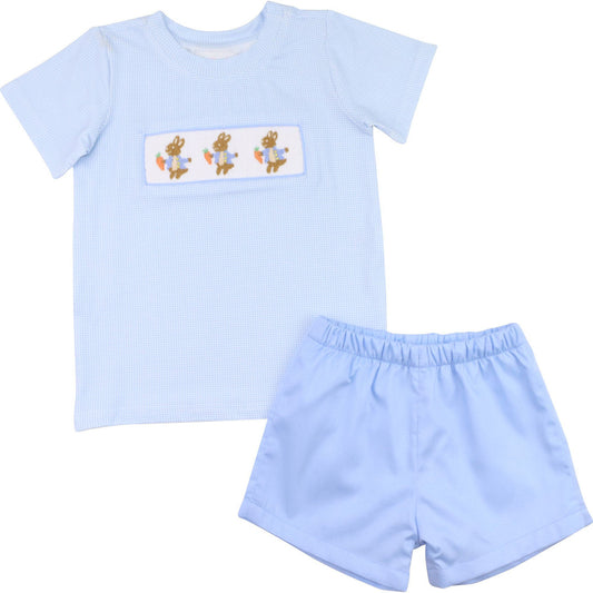 Blue Gingham Knit Smocked Bunnies Short Set