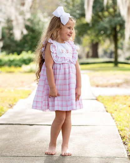 Pink Plaid Embroidered Bunny Dress