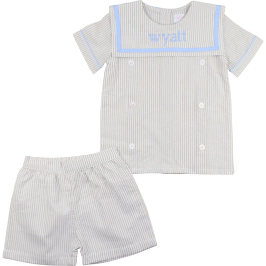 Khaki Striped Button Short Set