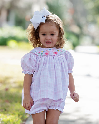 Pink Plaid Smocked Bunny And Flower Bloomer Set