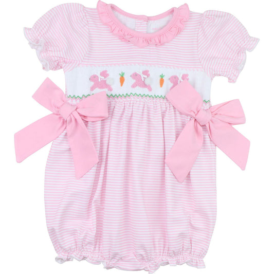 Pink Knit Stripe Smocked Bunny And Carrot Bow Bubble