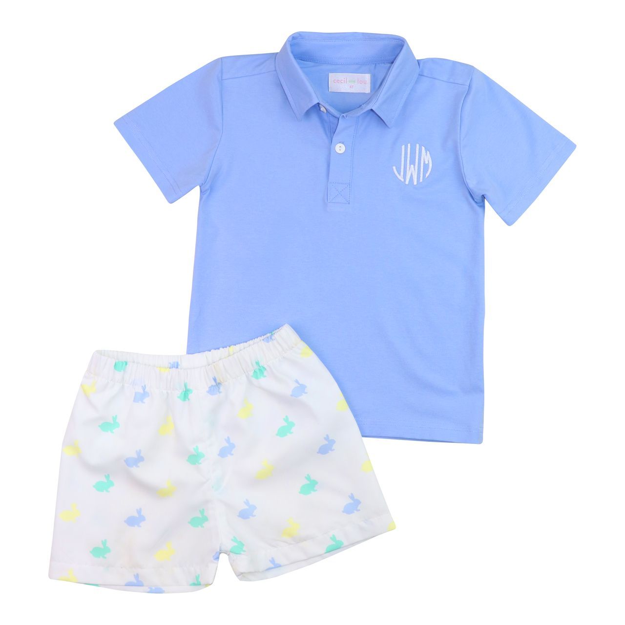 Blue And Yellow Bunny Print Polo Short Set