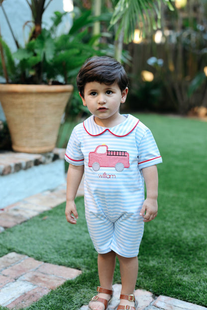 Blue Knit Striped Firetruck Short Romper