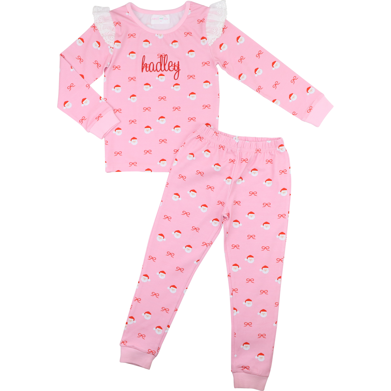 Pink Knit Santa And Bow Eyelet Pajamas