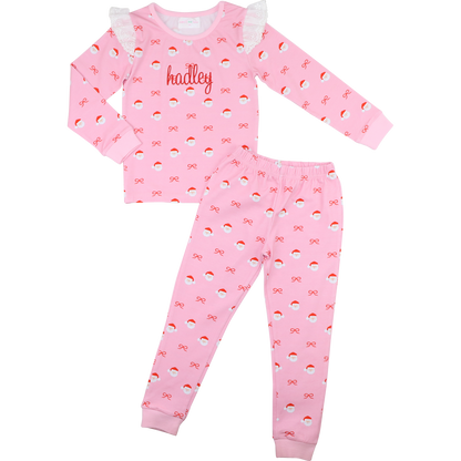 Pink Knit Santa And Bow Eyelet Pajamas