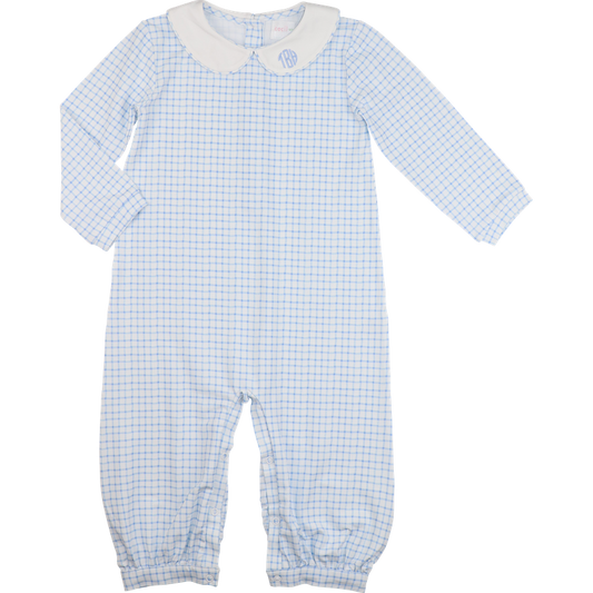 Blue Knit Windowpane Long Romper