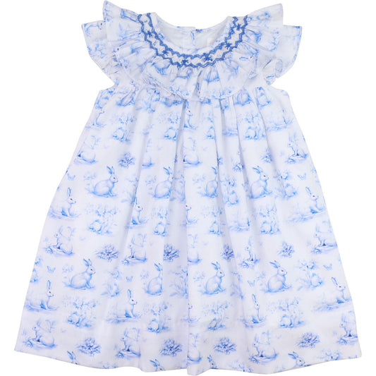 Blue And White Smocked Bunny Print Dress