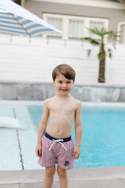 Red and Navy Windowpane Swim Trunks