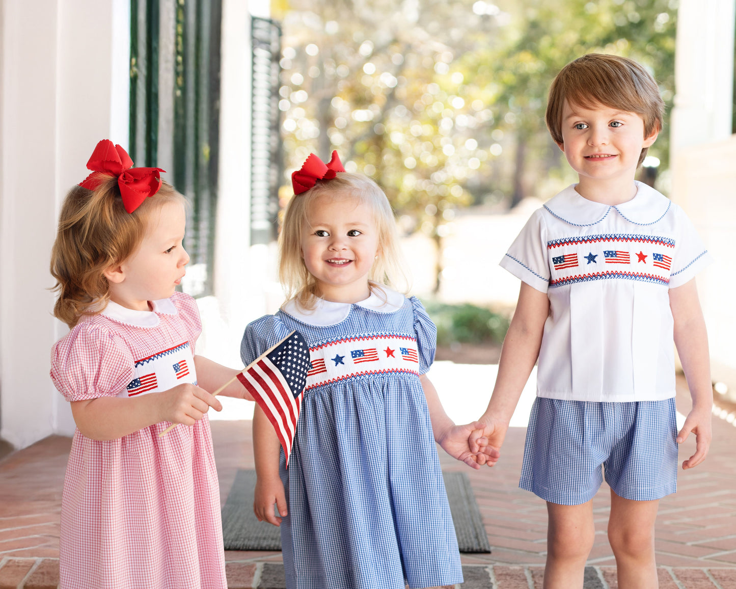 Navy Gingham Smocked Flag And Star Short Set