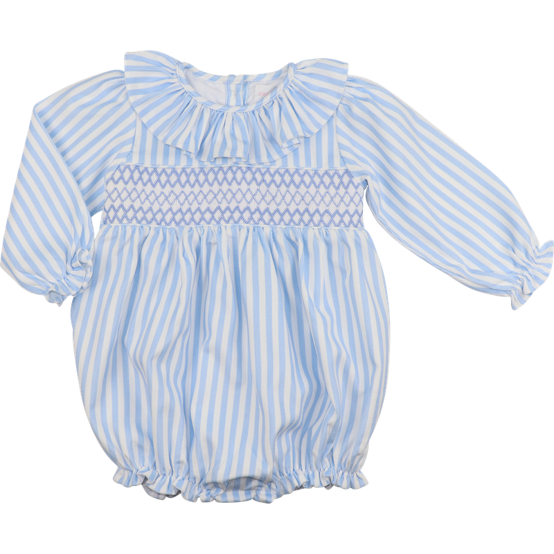 Blue Smocked Striped Corduroy Ruffle Bubble