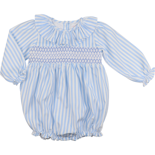 Blue Smocked Striped Corduroy Ruffle Bubble