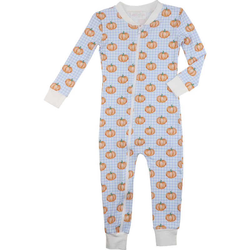 Blue Check Pumpkin Print Knit Zipper Pajamas