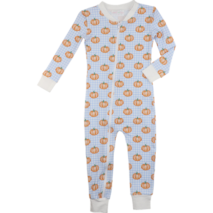 Blue Check Pumpkin Print Knit Zipper Pajamas