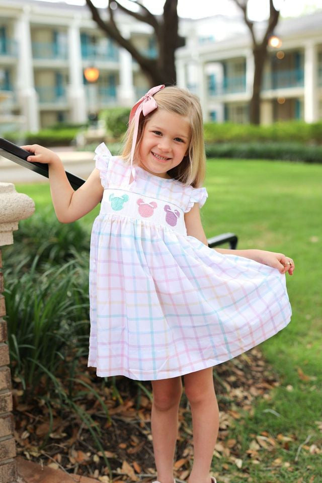 Pastel Windowpane Check Smocked Mouse Ears Dress