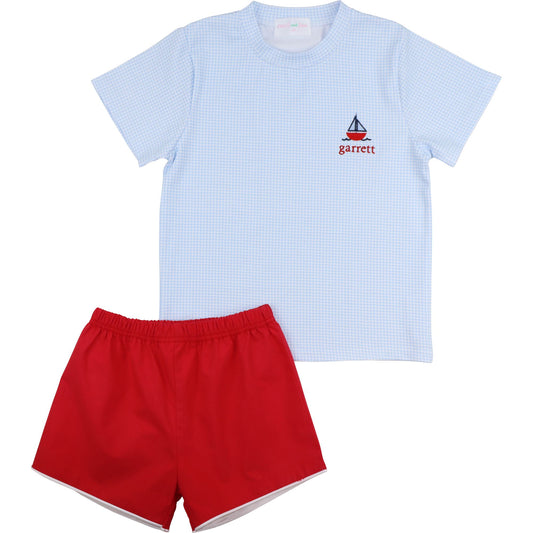 Blue And Red Sailboat Short Set