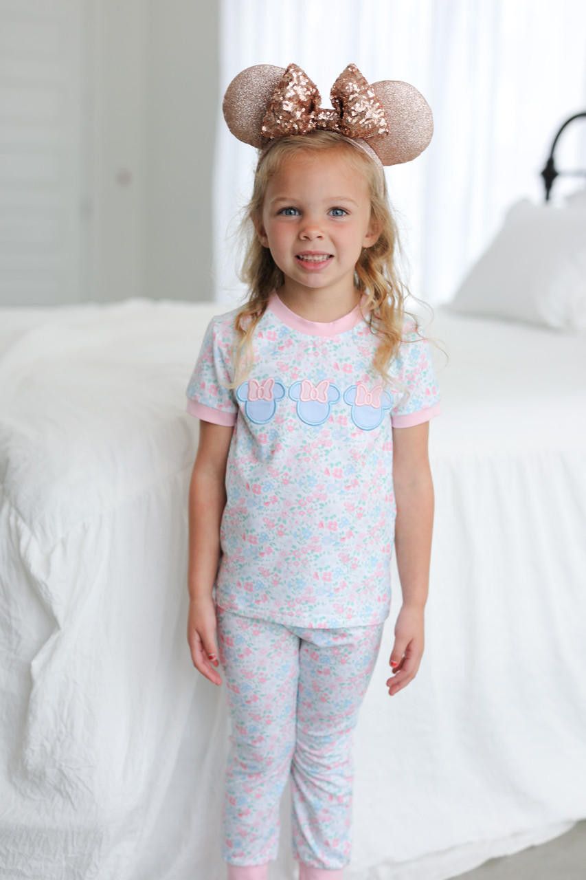 Pink And Blue Floral Mouse Ears Knit Pajamas