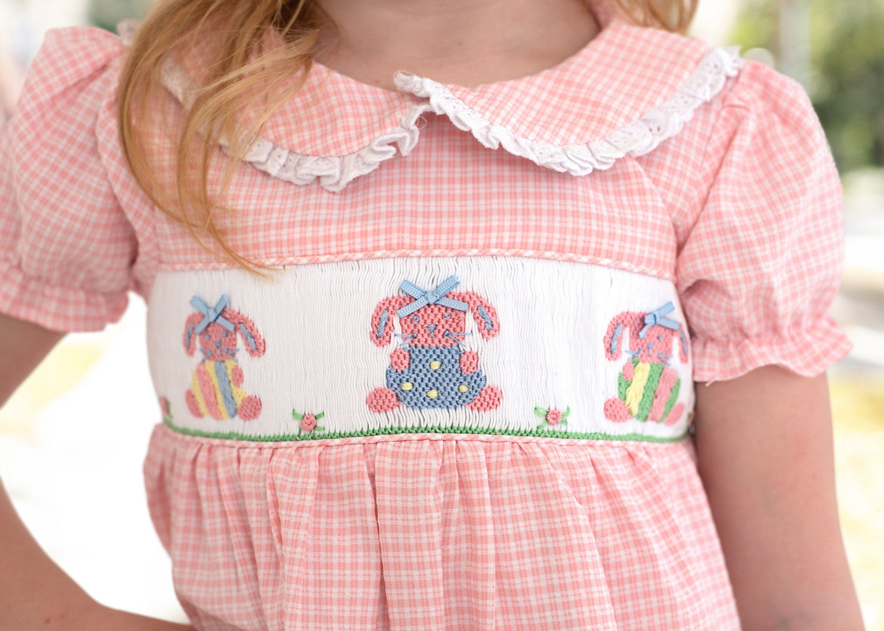 Pink Gingham Seersucker Smocked Easter Bunny Bubble