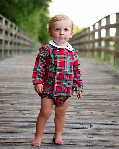 Red And Green Plaid Side Button Diaper Set