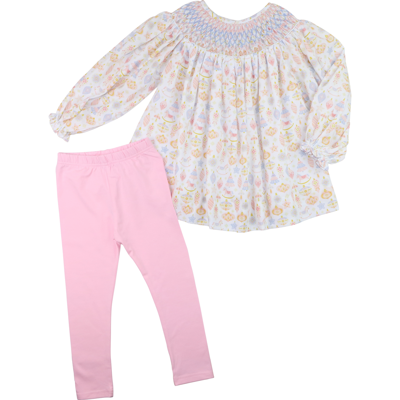 Pink And Blue Smocked Christmas Ornaments Legging Set