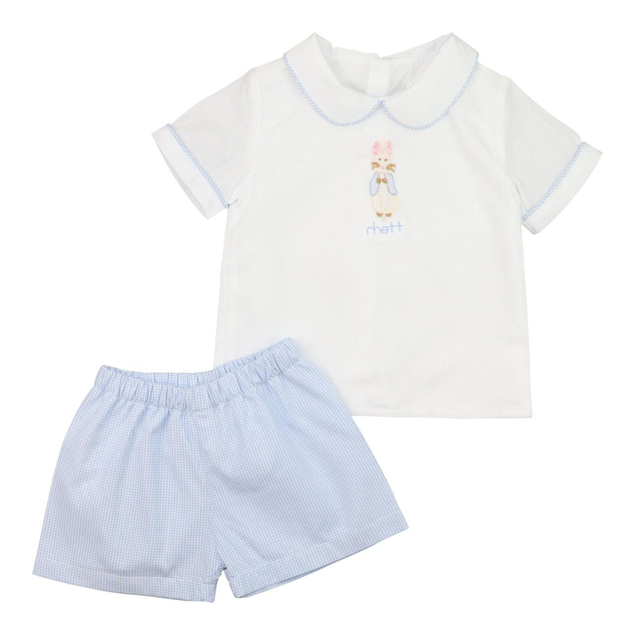 Blue And White Gingham Embroidered Bunny Short Set